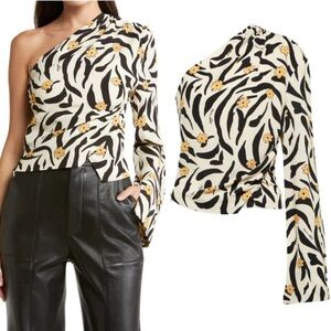 Nanushka Laurine One Sleeve Floral Animal Crepe Top